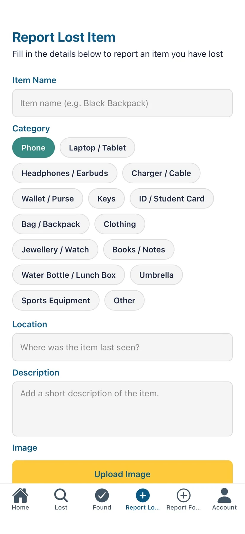 findIT form for reporting a lost item